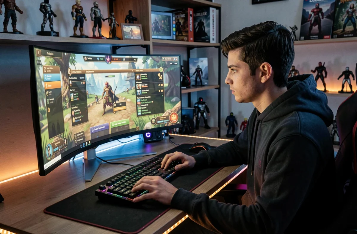 Joueur concentré devant un écran de RPG avec menus de statistiques et système de progression de personnage