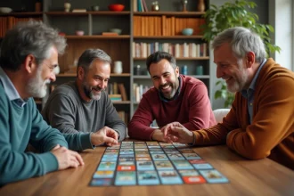 Groupe de joueurs débutants découvrant les cartes du jeu Aventure Ensemble autour d'une table en bois