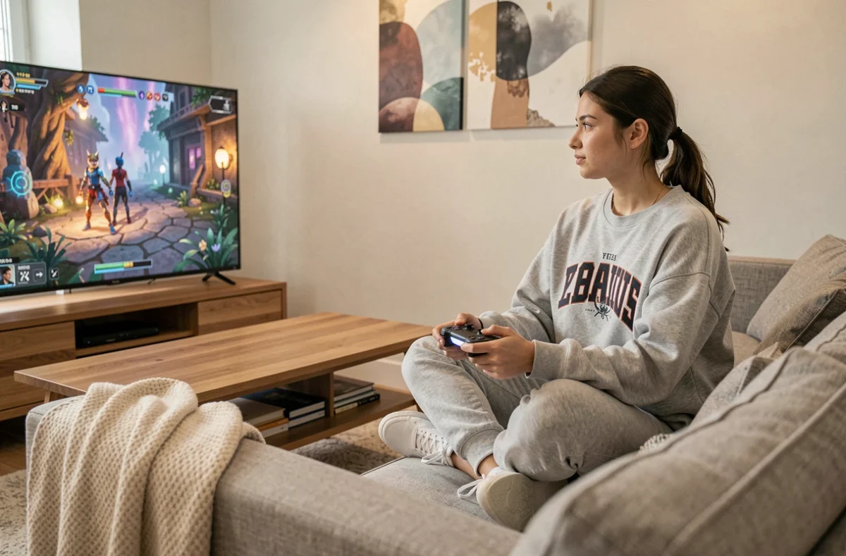 Joueuse débutante découvrant un guide de jeu RPG avec système de progression et cheats sur sa télévision