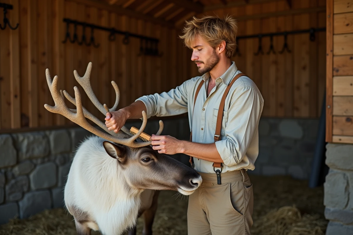 Jeune homme blond au regard sincère brossant un renne dans une écurie en bois rustique, ambiance chaleureuse et authentique illustrant la sensibilité masculine du personnage Kristoff de Disney