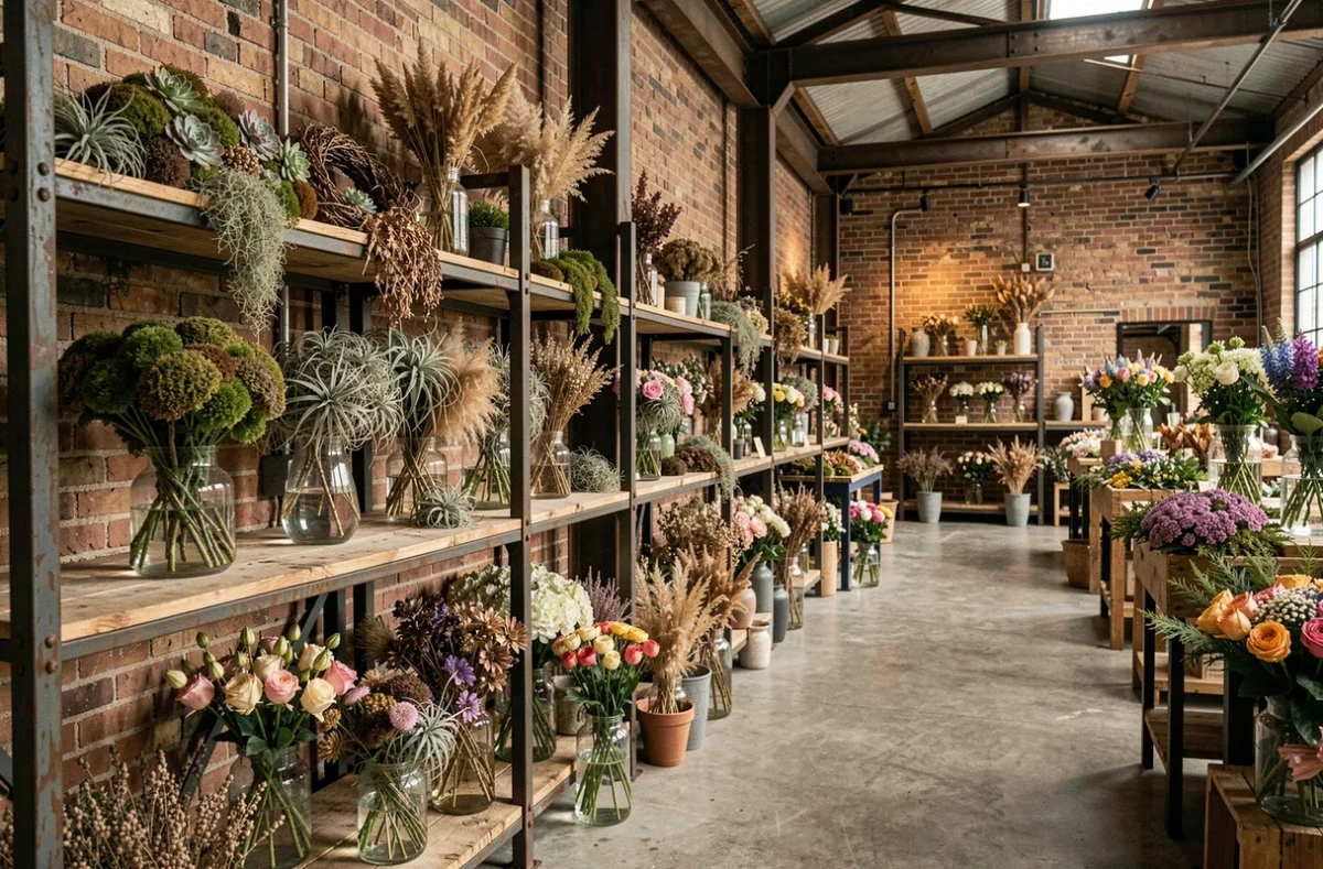 Espace industriel de L'Entre-Pot avec des arrangements de plantes séchées, mousses et succulentes sur des étagères en bois recyclé et briques apparentes