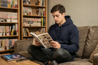 Jeune homme lisant un manga sur un canapé avec une tablette affichant une interface de streaming en arrière-plan