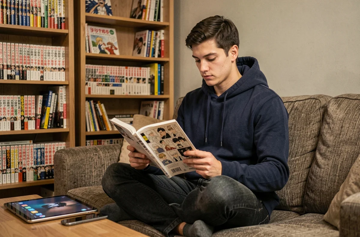 Jeune homme lisant un manga sur un canapé avec une tablette affichant une interface de streaming en arrière-plan