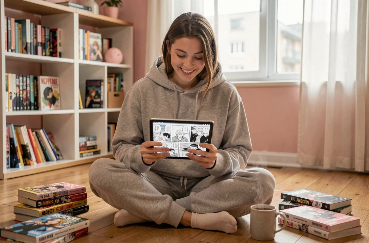 Jeune femme lisant un manga en français sur tablette dans une chambre cosy entourée de volumes de bandes dessinées