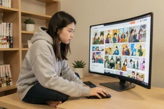 Jeune femme lisant un webtoon en ligne sur un grand écran dans un bureau moderne en 2026