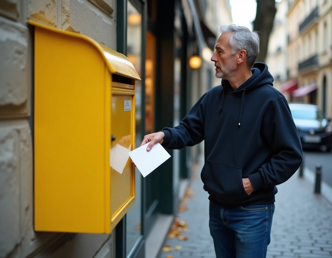 Homme glissant une lettre dans une boîte aux lettres jaune La Poste en ville