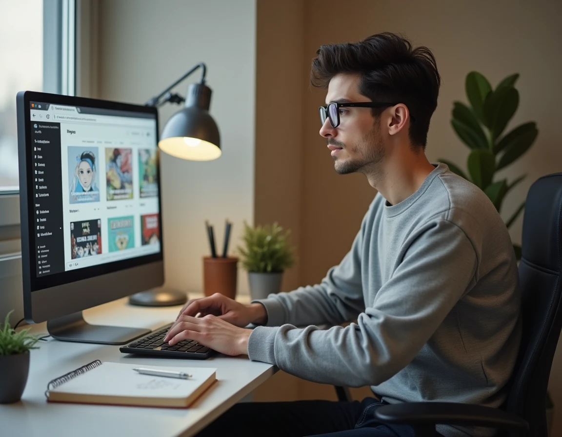 Homme lisant du Boys Love en ligne sur un site de scan manga depuis son bureau