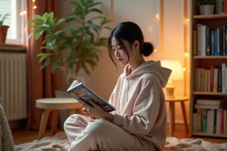 Jeune femme lisant un manga Boys Love confortablement installée dans sa chambre décorée