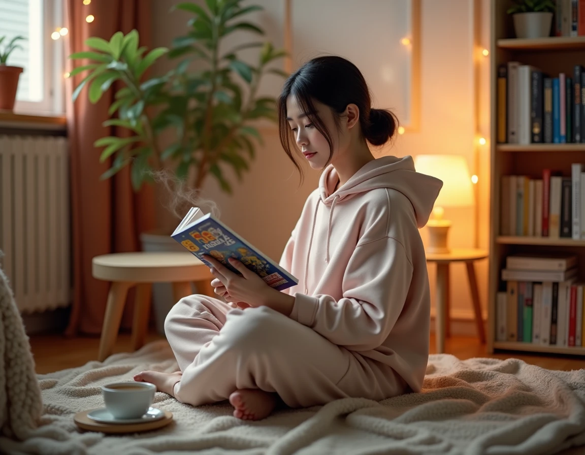 Jeune femme lisant un manga Boys Love confortablement installée dans sa chambre décorée