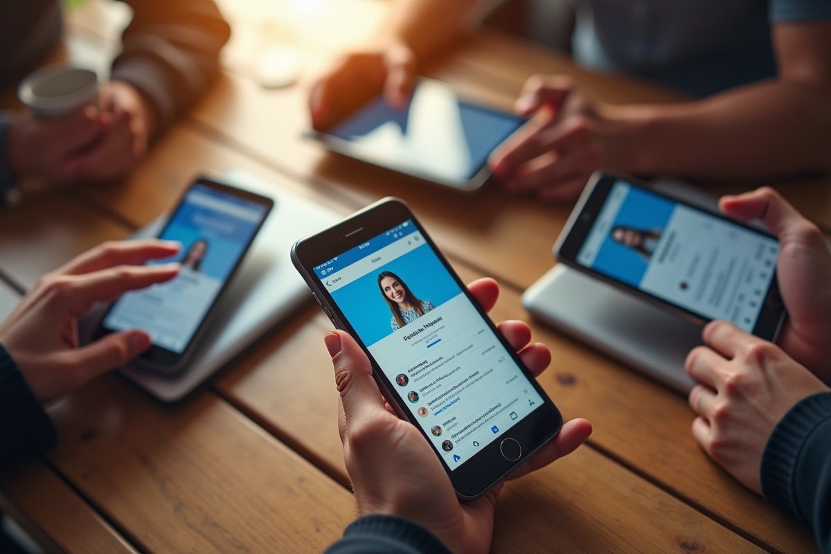 Mains anonymes tenant smartphones affichant profils sociaux