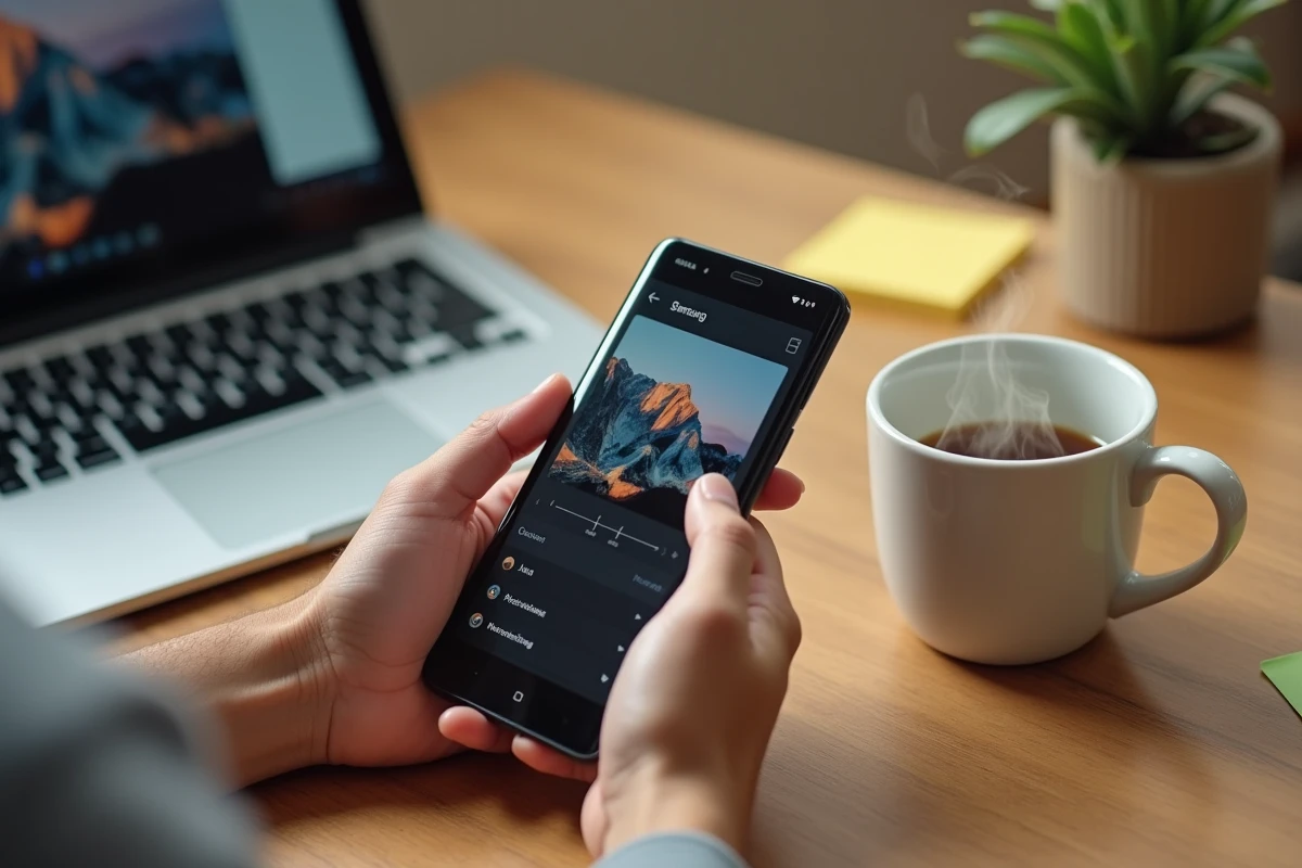 Mains tenant un smartphone sur un bureau en bois avec une tasse de café et un ordinateur portable, navigation dans une galerie d'images