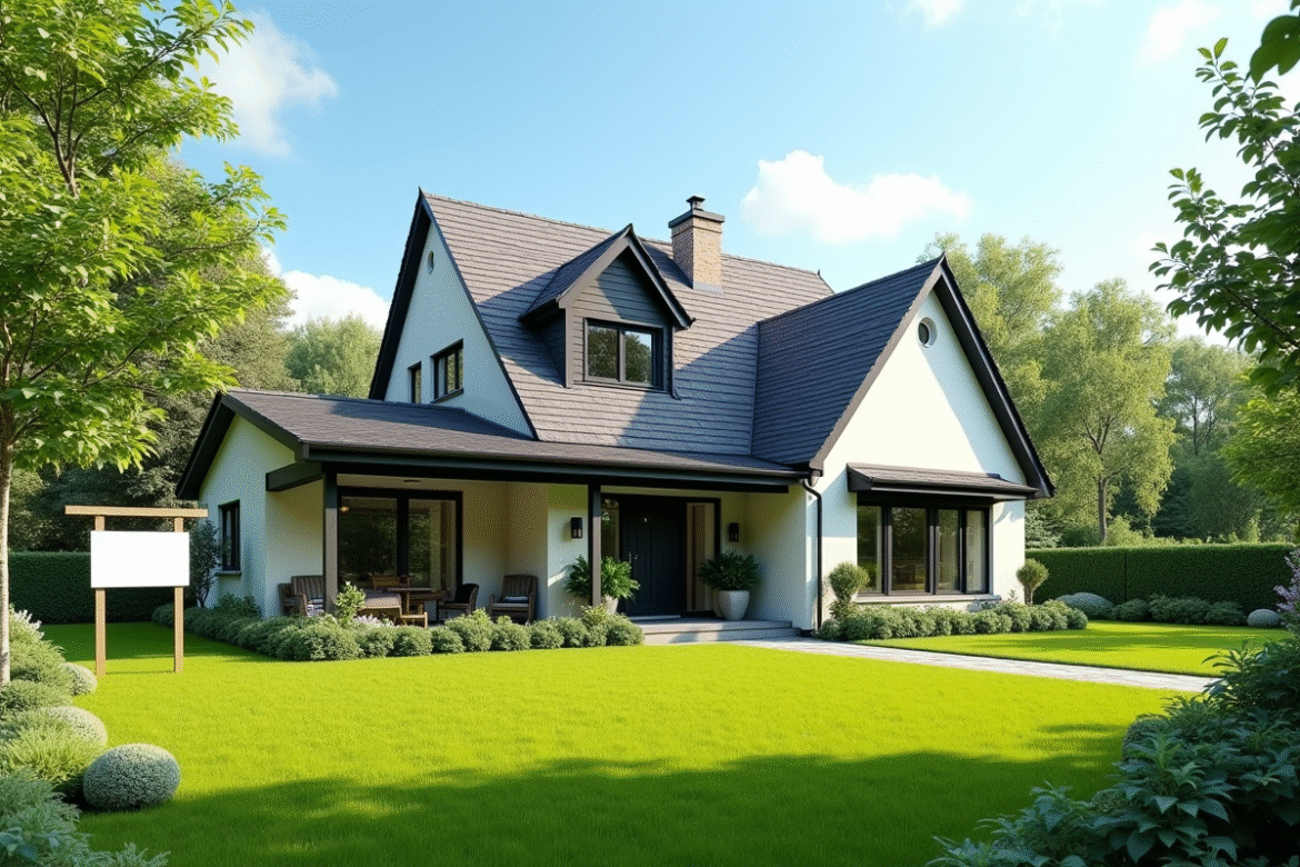 Maison familiale moderne avec jardin bien entretenu et panneau a vendre