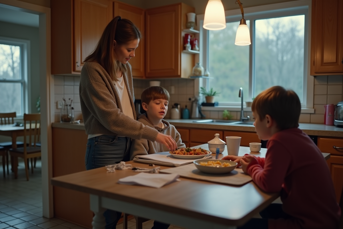 Mère réconfortant ses enfants à la table de cuisine