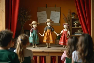 Mise en scène de marionnettes sur scène pour illustrer les paroles de La maison de ma tante devant un public d'enfants