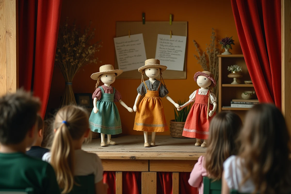 Mise en scène de marionnettes sur scène pour illustrer les paroles de La maison de ma tante devant un public d'enfants