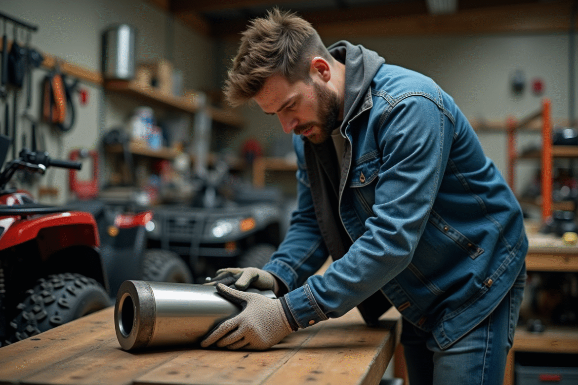 Mécanicien homme examinant un échappement de moto dans un garage