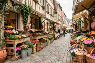 Vue grand angle d'un marché de fleurs alsacien dans une ruelle pavée du Haut-Rhin avec des bouquets colorés dans des caisses en bois