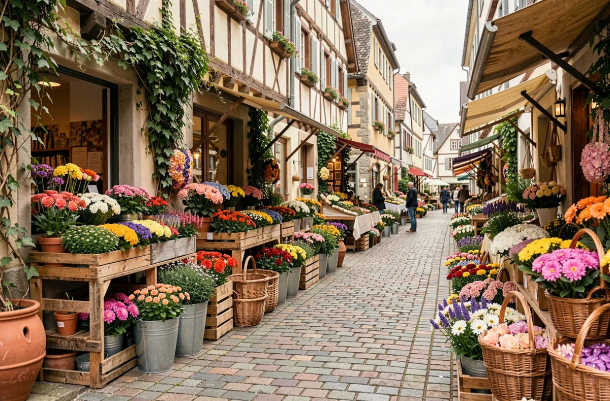 Vue grand angle d'un marché de fleurs alsacien dans une ruelle pavée du Haut-Rhin avec des bouquets colorés dans des caisses en bois