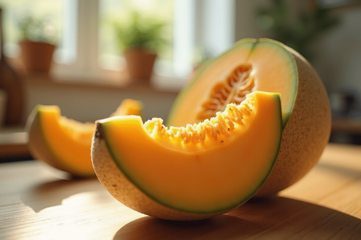 Tranche de melon cantaloupe frais sur planche en bois