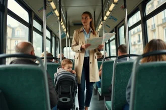 Mère avec poussette et enfant en bas âge dans un bus parisien tenant un plan de lignes de bus