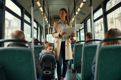 Mère avec poussette et enfant en bas âge dans un bus parisien tenant un plan de lignes de bus