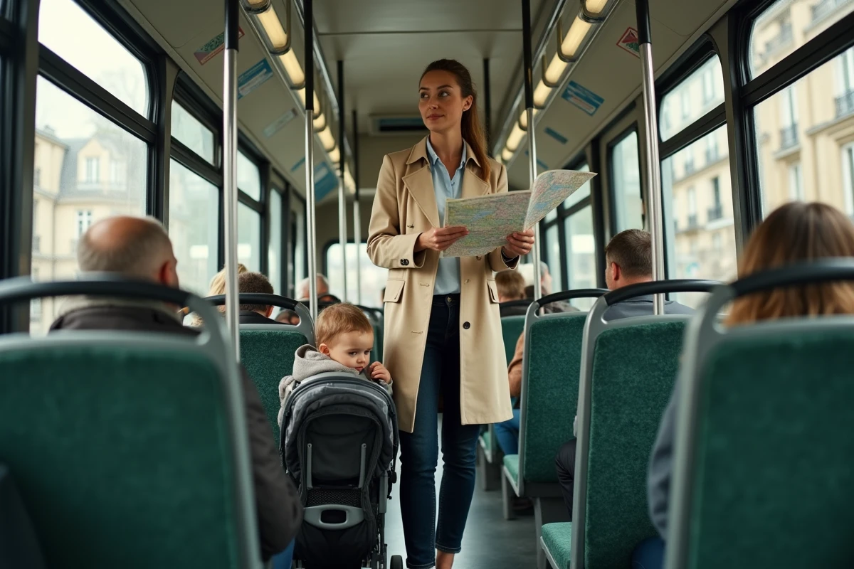 Mère avec poussette et enfant en bas âge dans un bus parisien tenant un plan de lignes de bus