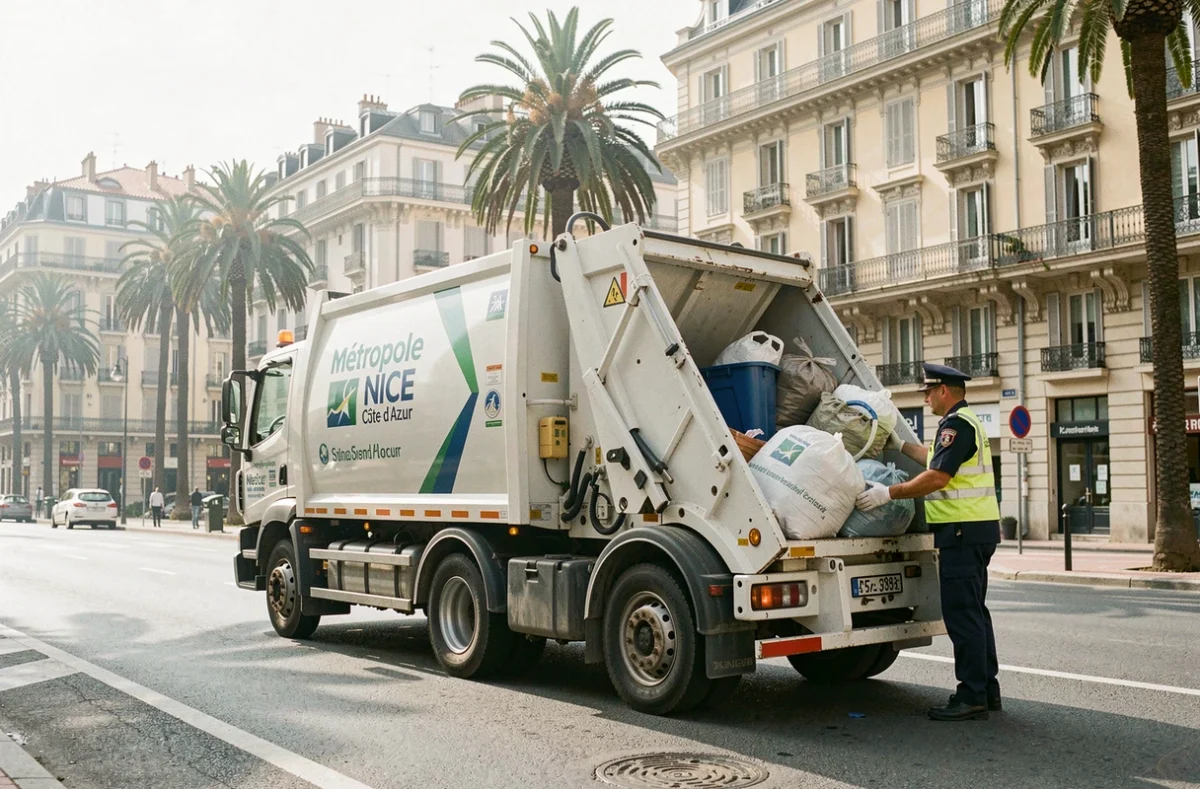 Camion de collecte de la Métropole Nice Côte d'Azur lors d'une opération de ramassage d'encombrants en ville