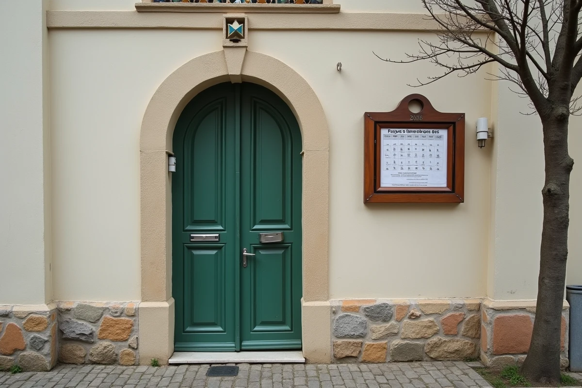 Façade de mosquée de banlieue parisienne avec tableau des heures de prières 2026 affiché à l'entrée