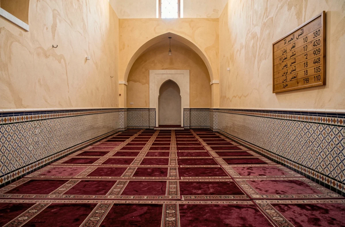 Intérieur d'une mosquée du quartier 13015 à Marseille avec tableau des horaires de prière en arabe