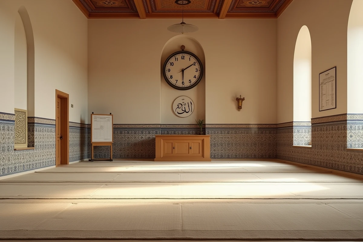 Salle de prière d'une mosquée de Toulouse avec horloge et tableau des horaires de prière