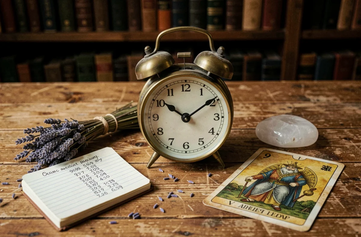 Nature morte avec une horloge ancienne affichant 9h09 entourée d'objets symboliques comme un carnet, une pierre de quartz et une carte de tarot, illustrant la signification karmique