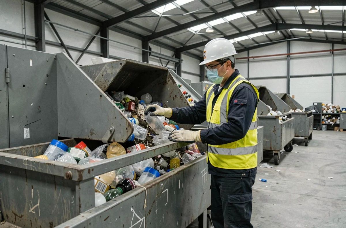 Un technicien de l'OREDU en équipement de protection manipulant des déchets dans un centre de traitement spécialisé