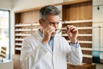 Opticien en blouse blanche examinant une monture de lunettes dans sa boutique d'optique moderne