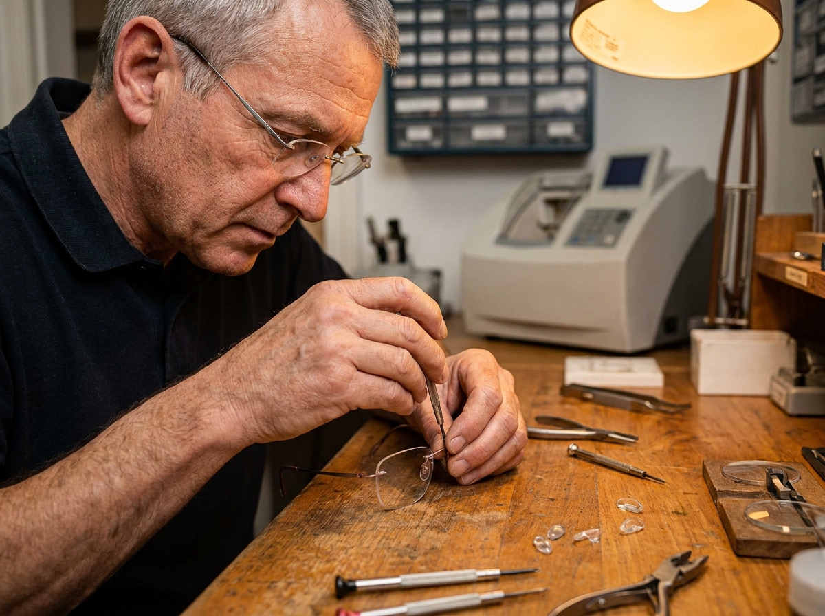 Opticien artisan réparant une paire de lunettes avec des outils de précision dans son atelier