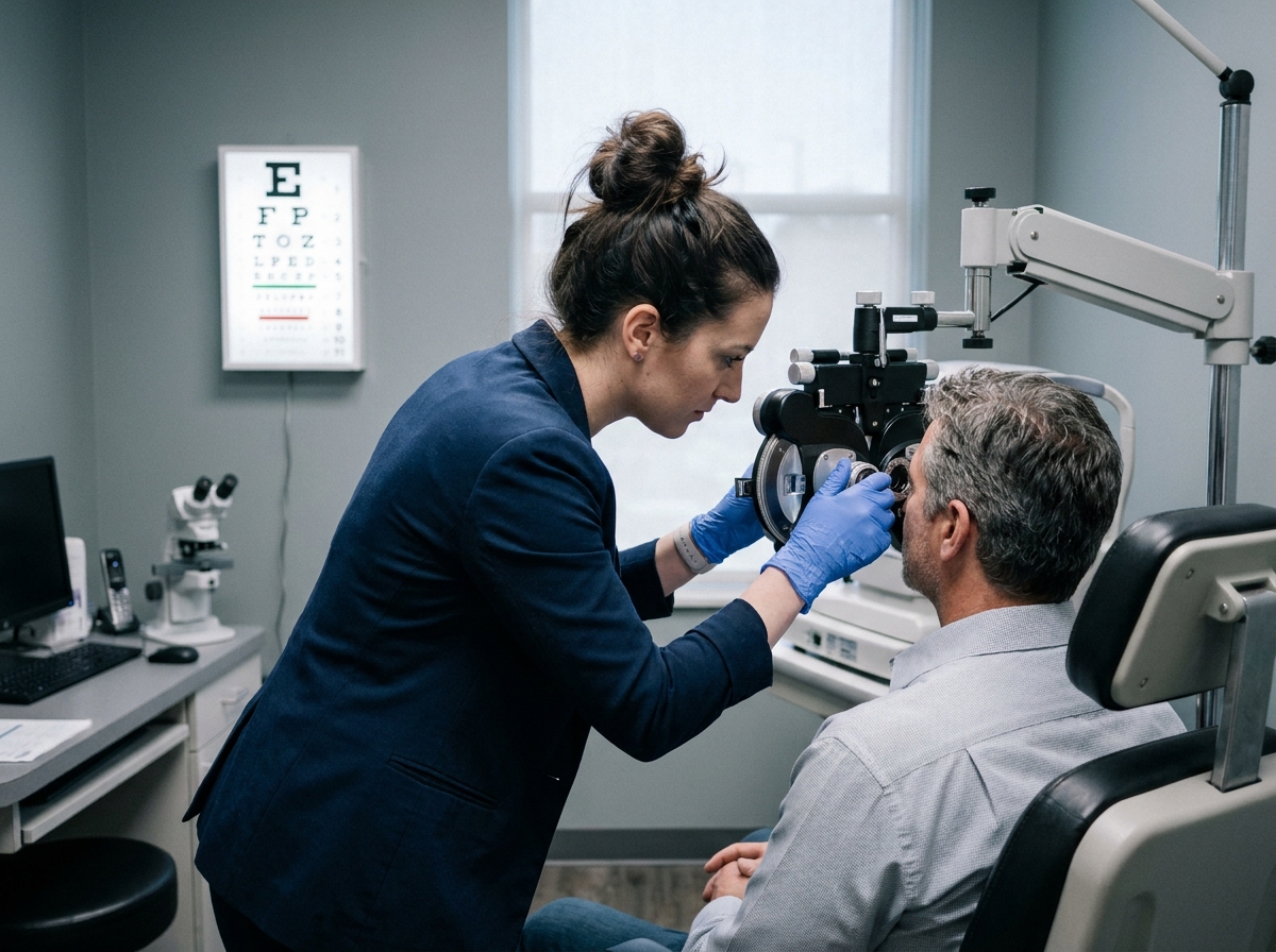 Opticienne réalisant un examen de vue sur un patient adulte avec un phoropter dans une salle de consultation