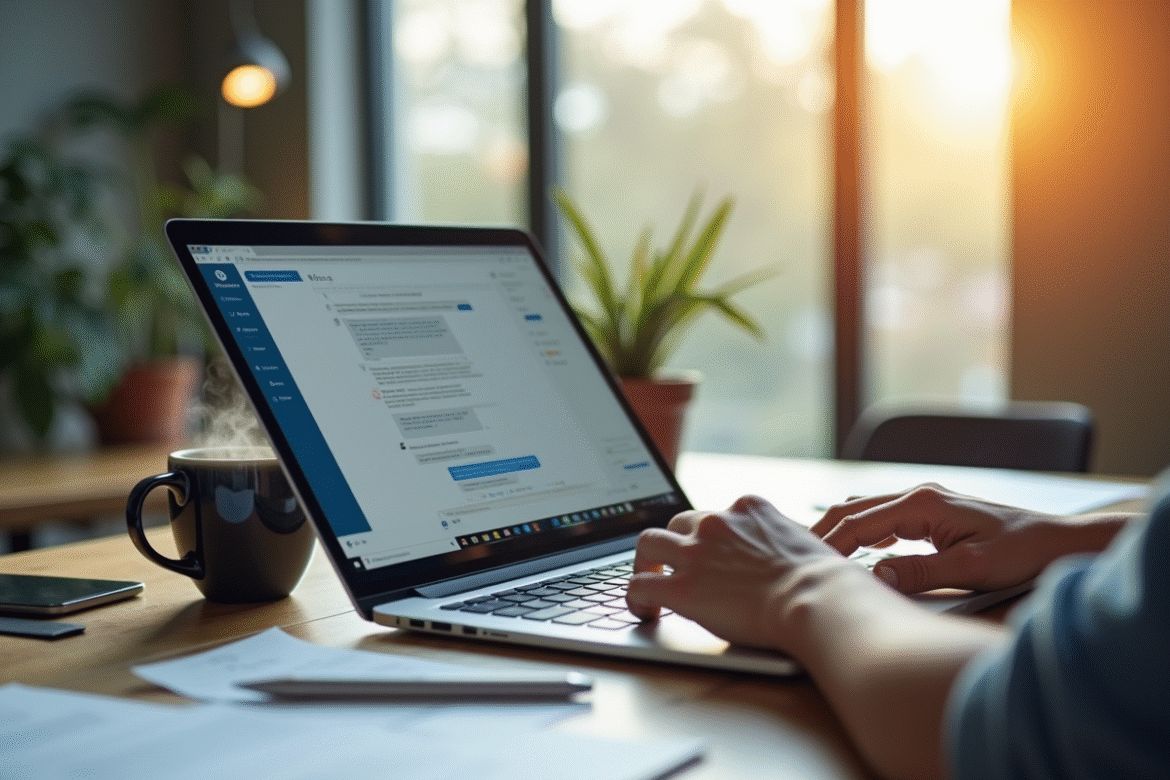 Ordinateur portable moderne sur un bureau lumineux avec notes et tasse