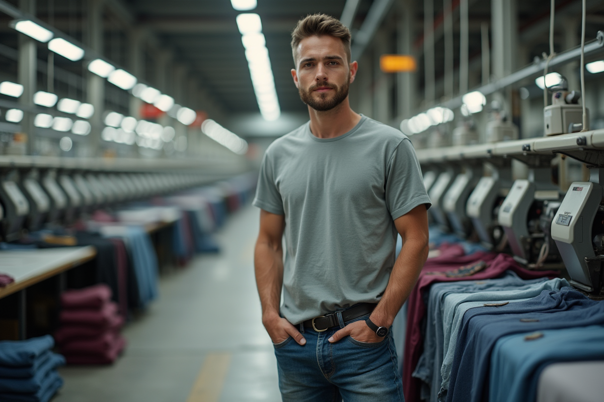 Ouvrier dans une usine textile avec machines et vêtements en arrière-plan
