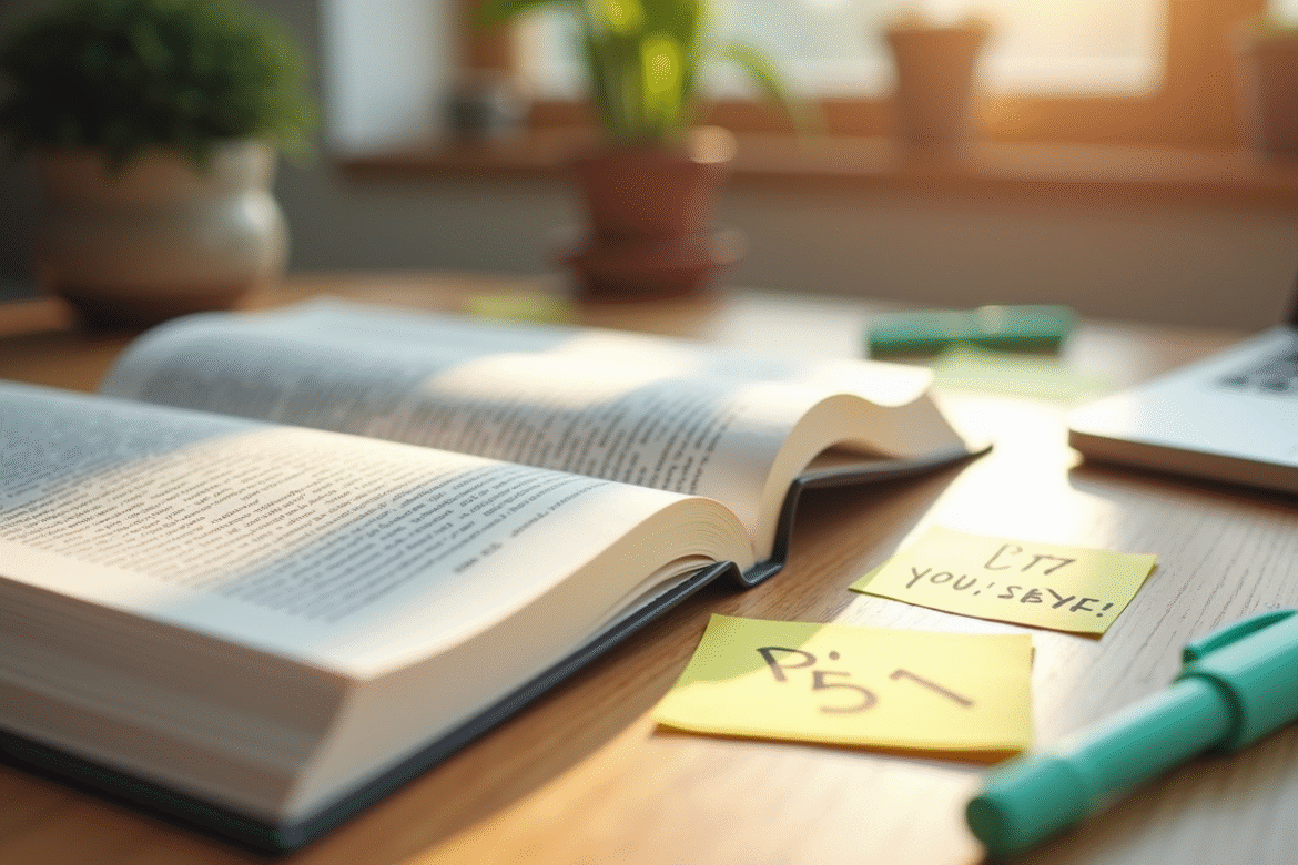 Livre de droit ouvert avec surlignages et notes sur une table lumineuse