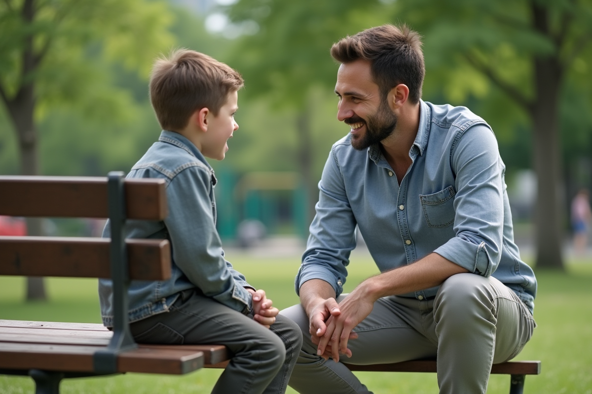 Père et son fils discutant dans un parc urbain
