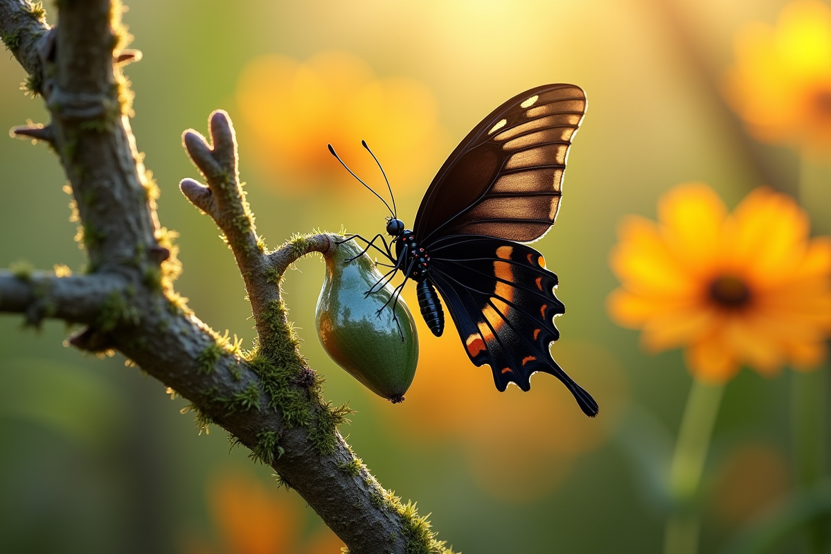 Un papillon aux ailes sombres près de sa chrysalide sur une branche