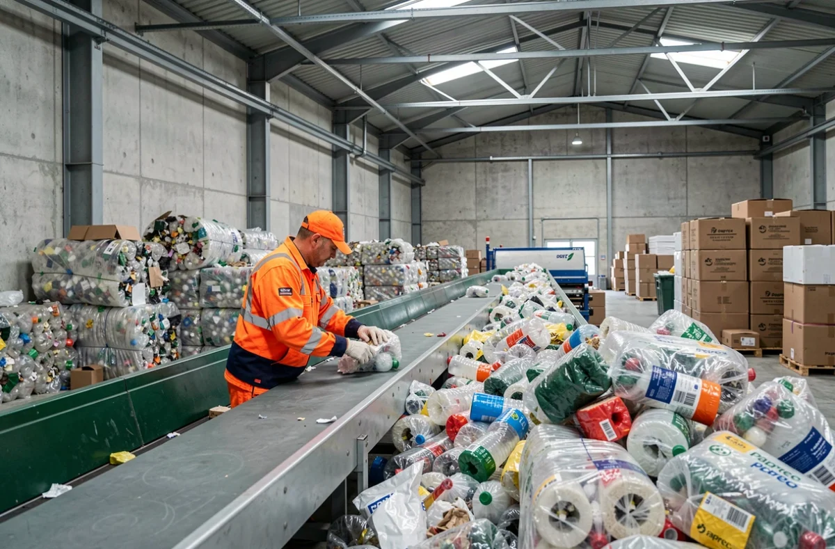 Un employé de Paprec CRV triant des matériaux recyclables sur un tapis roulant dans un centre de valorisation des Alpes-Maritimes