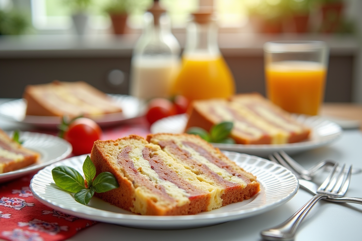 Tranches de gâteau au chorizo et chèvre sur assiettes colorées