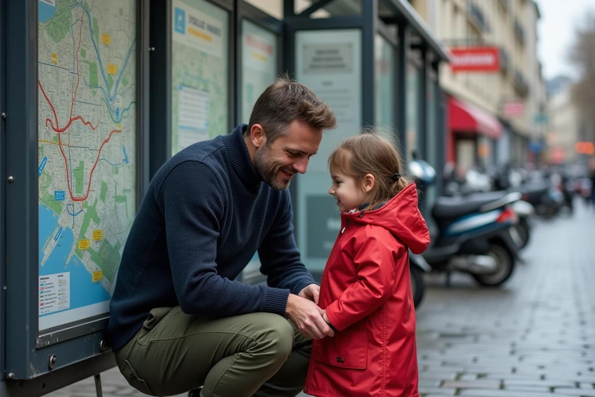 Père et fillette consultant le plan des bus à un arrêt parisien sous un abribus