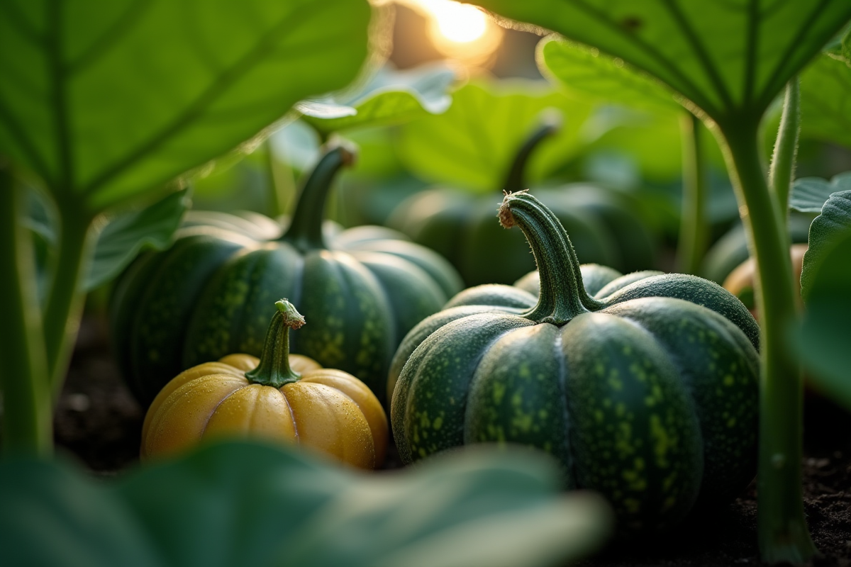 Plusieurs petites citrouilles vertes dans un jardin naturel