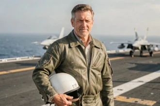 Pilote de chasse en veste de vol G-1 sur le pont d'un porte-avions, évoquant l'univers de Top Gun 3