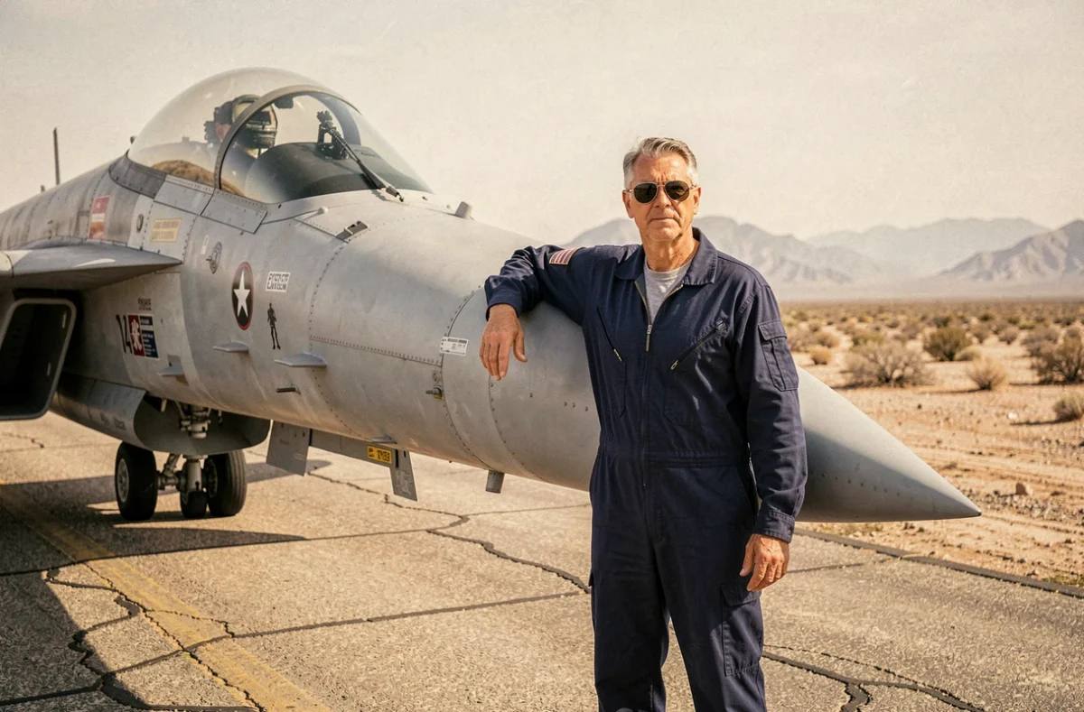 Pilote de l'US Navy devant un avion de chasse sur une piste désertique, référence visuelle Top Gun 3 2026