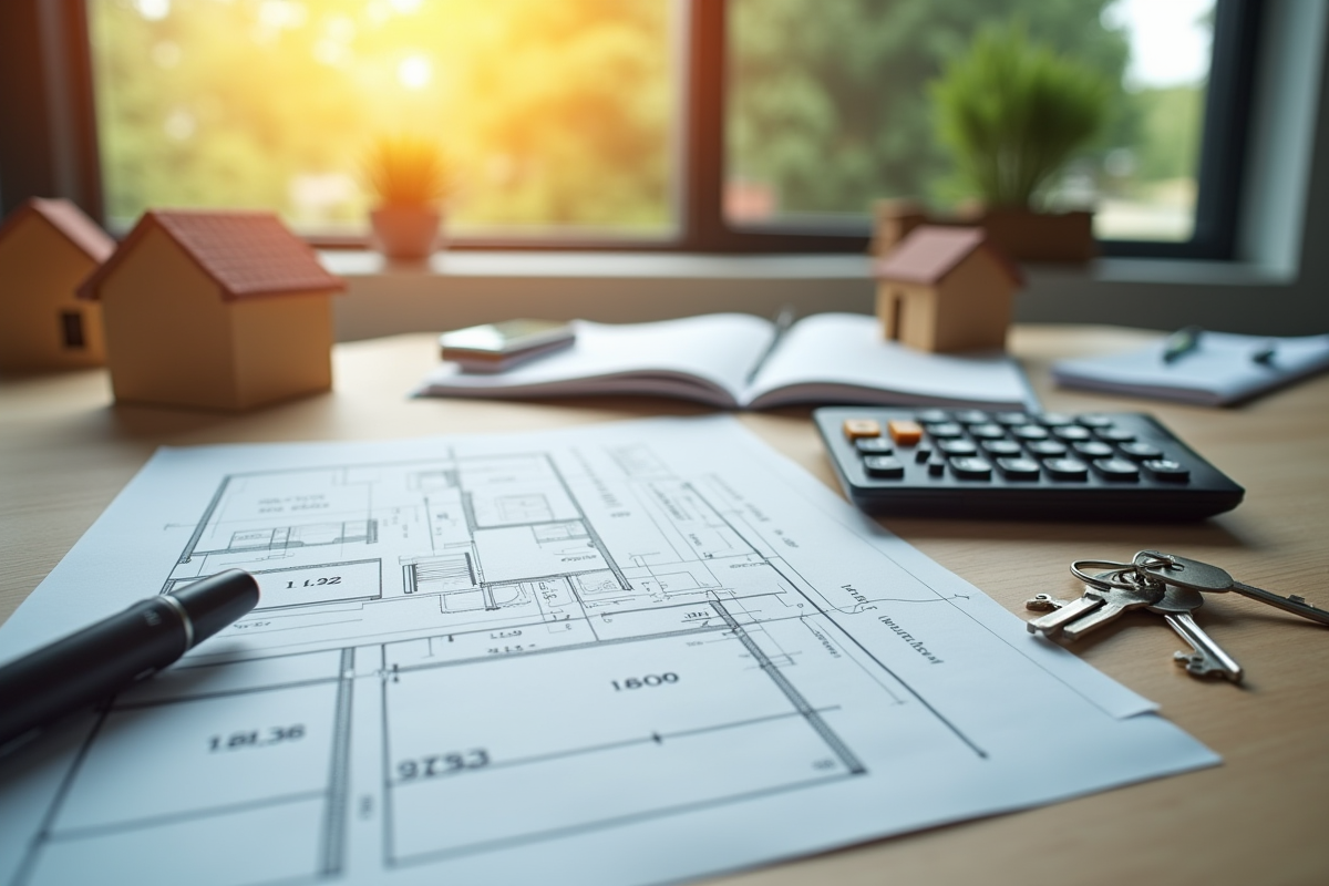 Plans architecturaux et calculatrice sur une table en bois