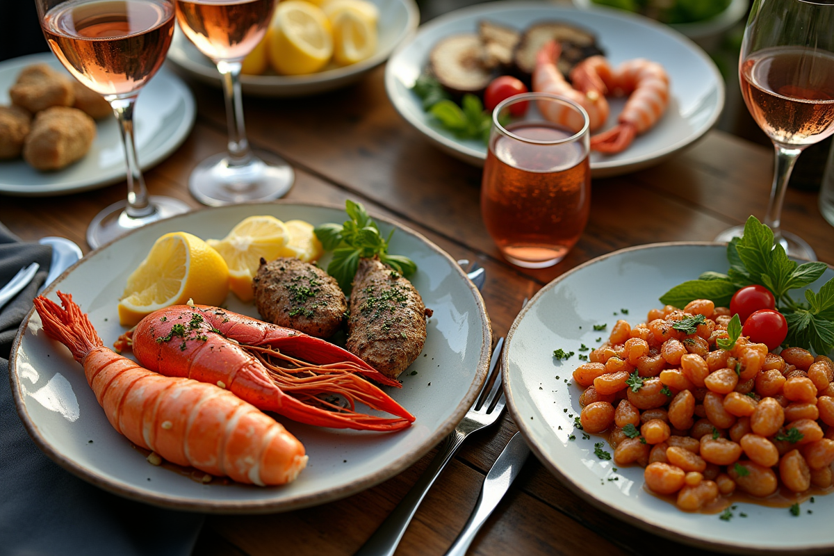 Assortiment de fruits de mer avec vins blancs et rosés