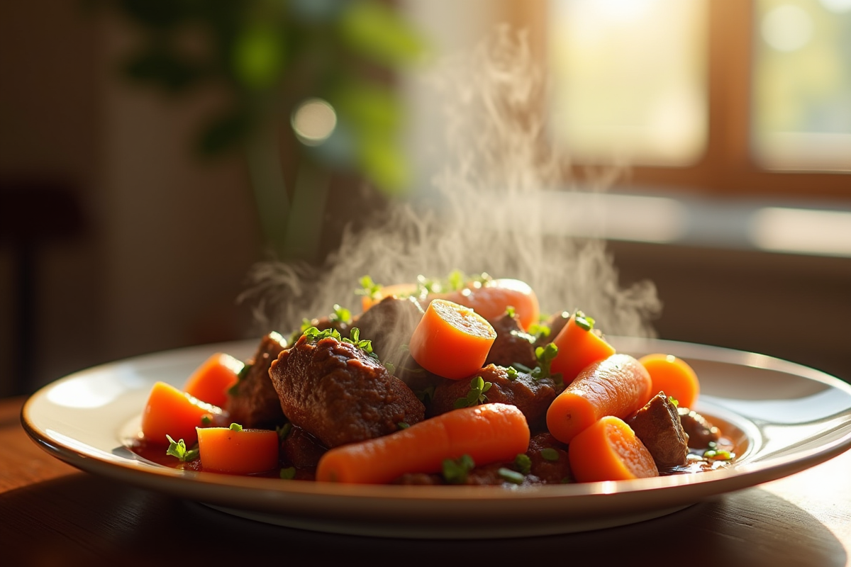 Portion de ragoût de boeuf et carottes avec vapeur