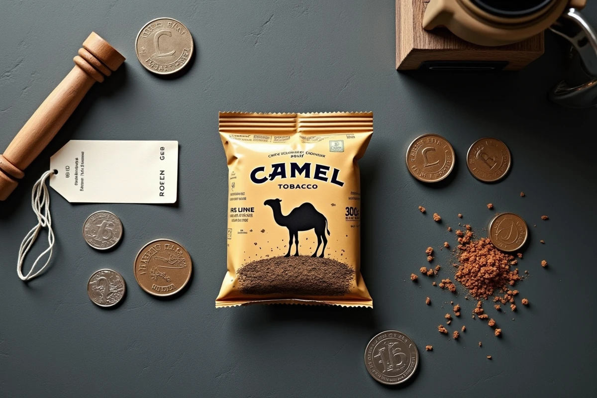 Vue de dessus d'un paquet de tabac Camel 30g avec pièces en euros et étiquette de prix sur un comptoir de bureau de tabac